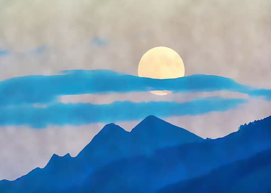 , Abstract Blue Mountain Moon Landscape