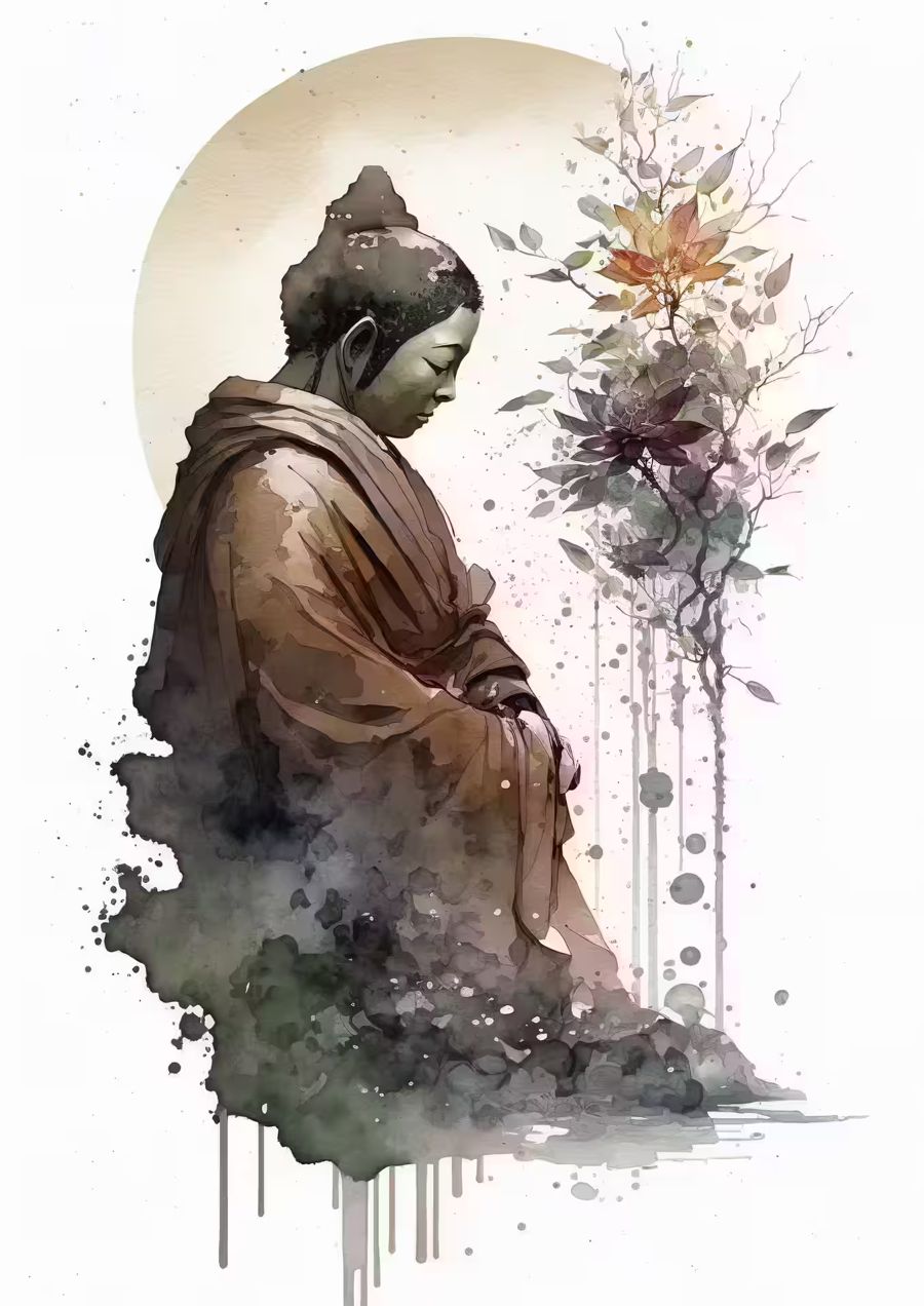, Abstract Buddha Moon Zen Watercolor