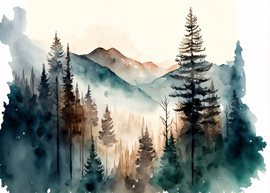 Forests, Abstract Forest Mountain Watercolor