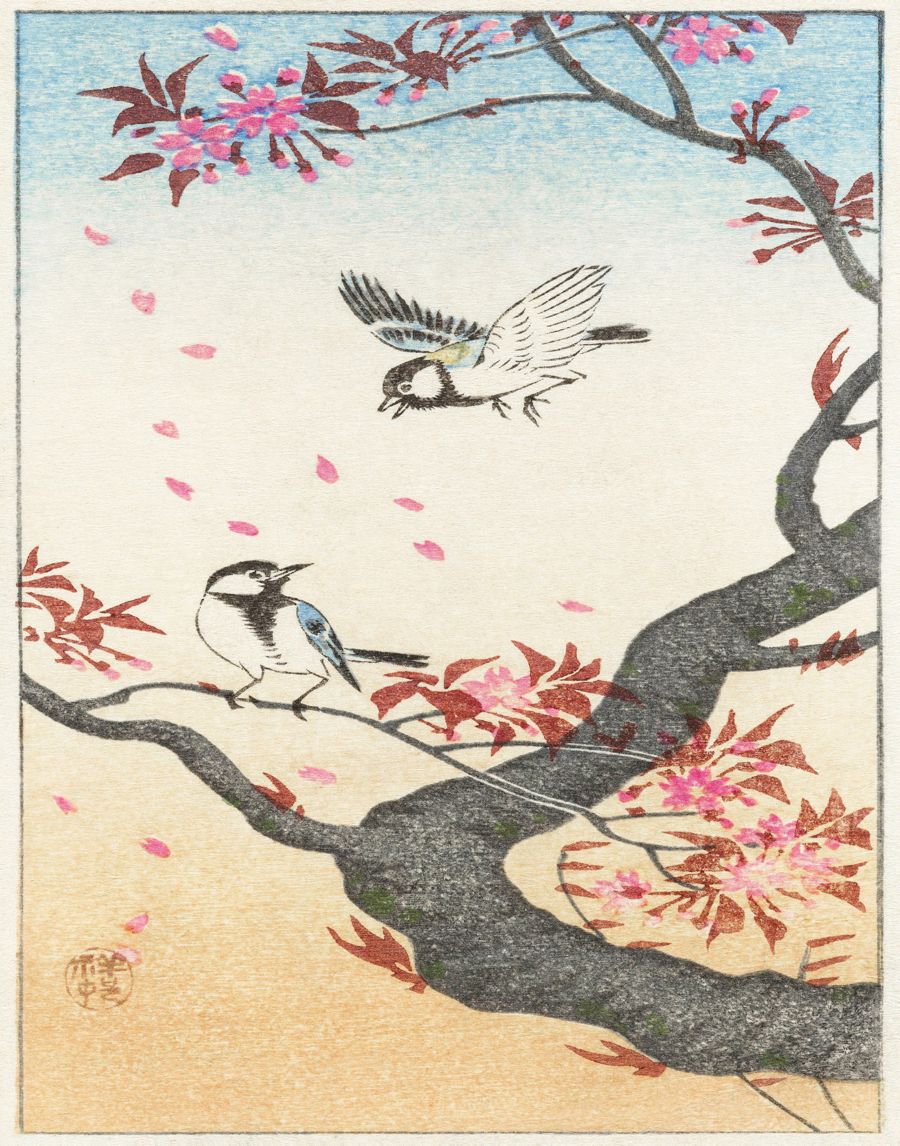 , Antique Japanese Old Birds Tree
