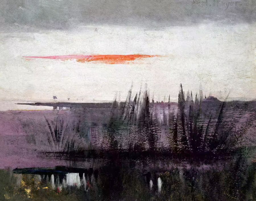 , Antique Moody Abstract Lake Landscape