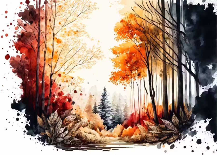 Seasonal, Autumn Forest Trees Watercolor Forest
