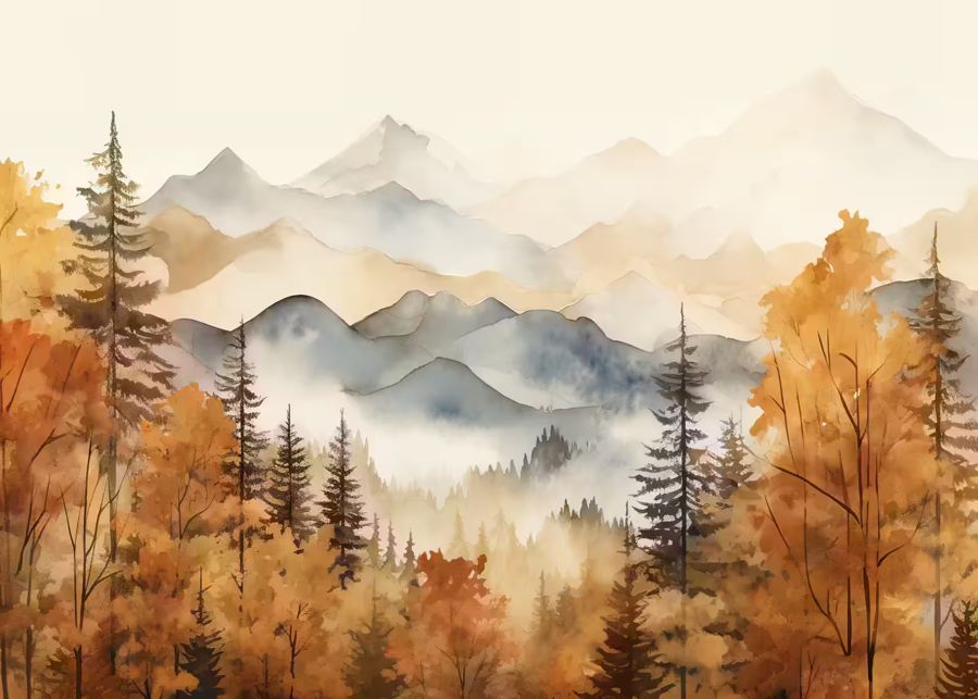 Seasonal, Autumn Watercolor Forest Landscape Fall