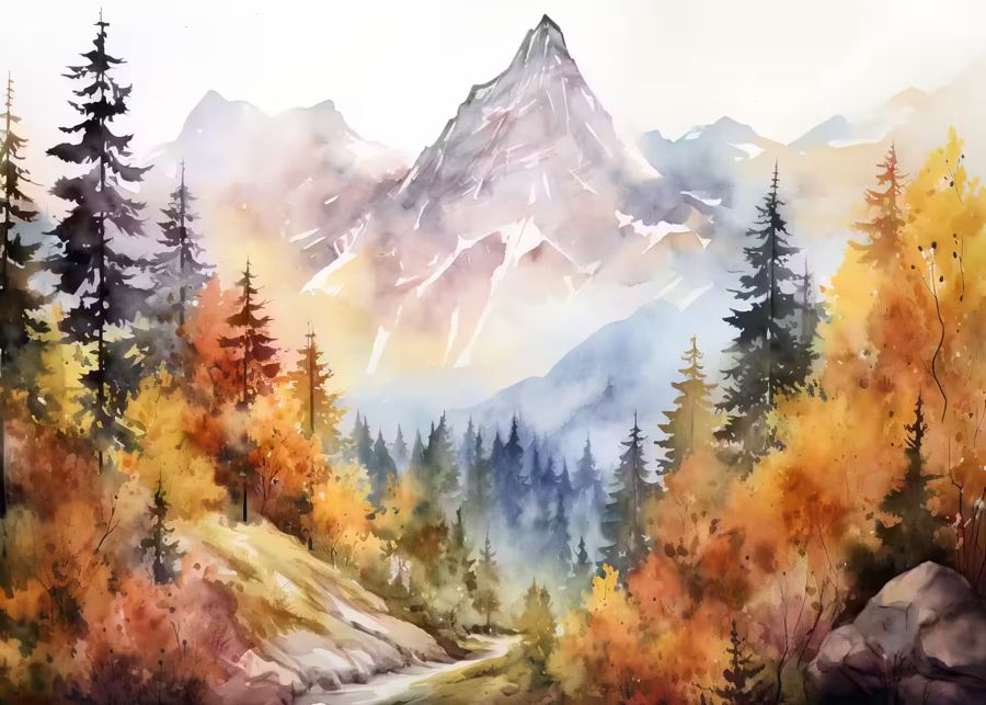 Seasonal, Autumn Watercolor Forest Landscape Fall