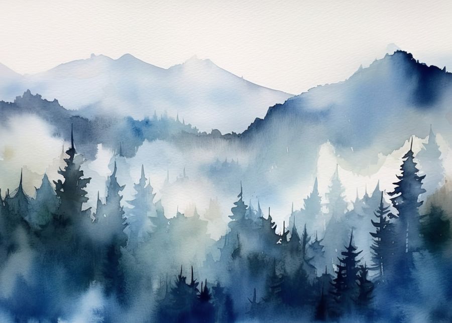 Forests, Blue Mountain Forest Watercolor Forest