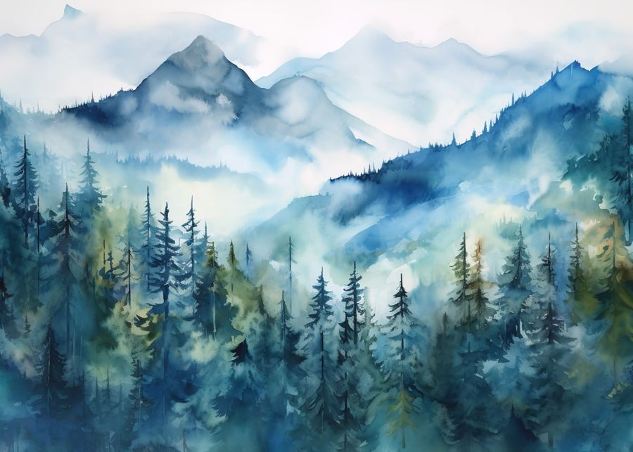 Forests, Blue Mountain Forest Watercolor Forest
