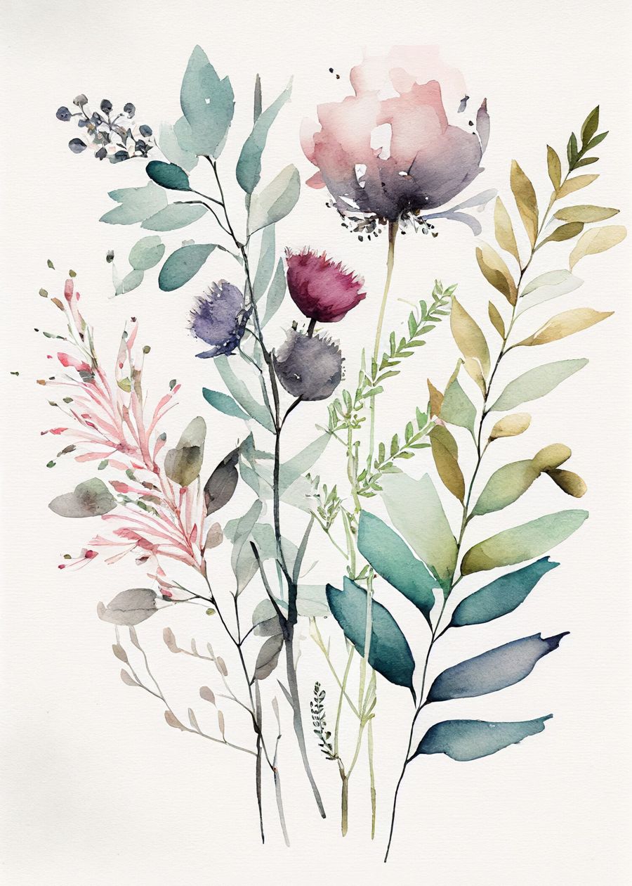 Flowers, Boho Floral Watercolor Botanical