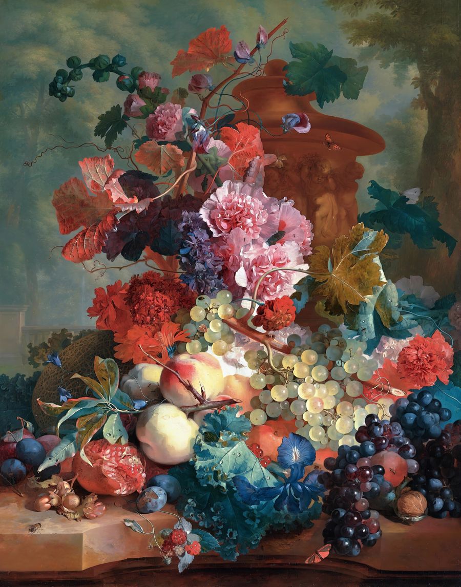 Flowers, Botanical Still Life Flowers Fruits