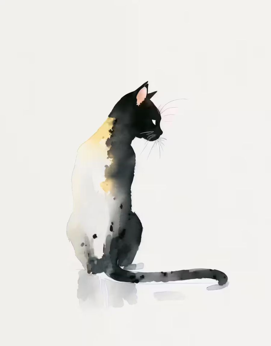 , Cat Watercolor Minimalist Cat Black