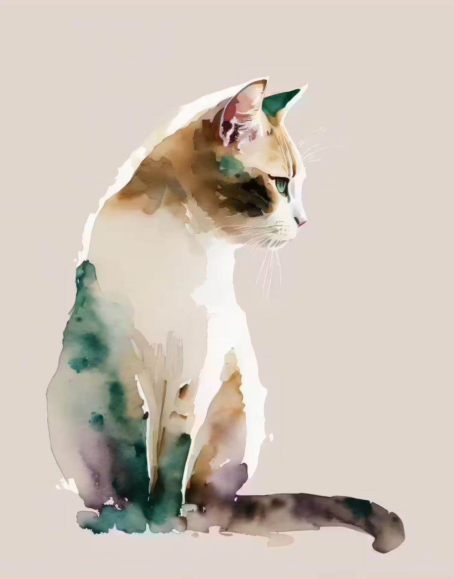 , Cat Watercolor Minimalist Cat Colorful