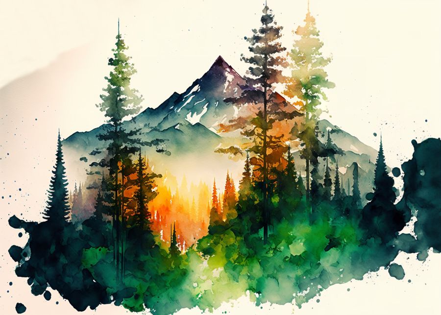 Forests, Colorful Forest Mountain Watercolor