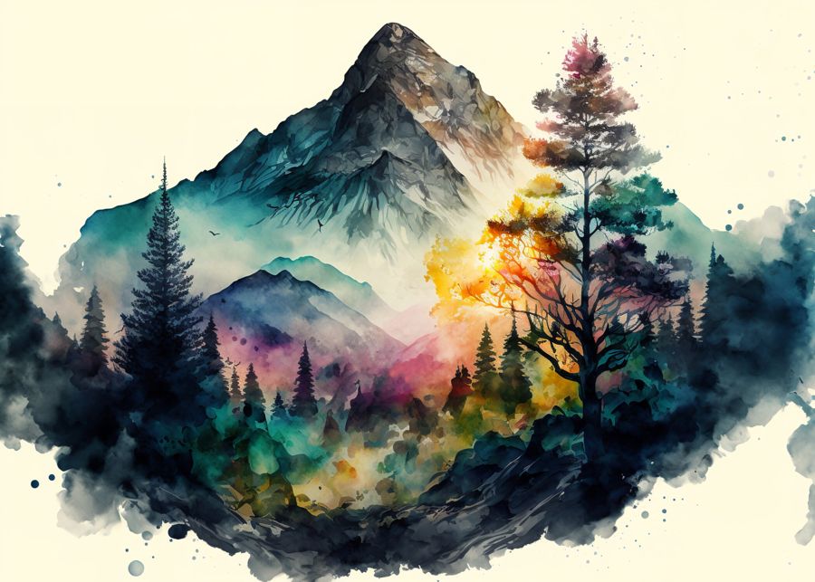 Forests, Colorful Forest Mountain Watercolor