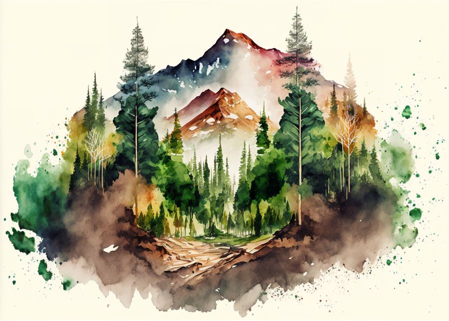 Forests, Colorful Watercolor Forest Mountain