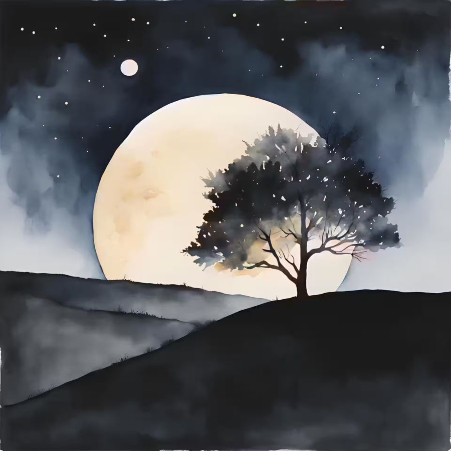 , Dark Landscape Watercolor Two Moons