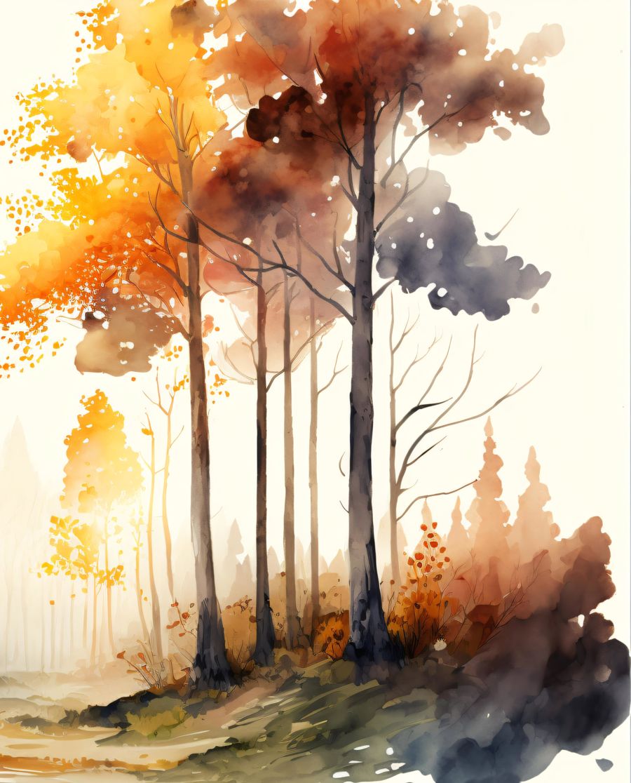 Seasonal, Fall Watercolor Forest Landscape 2