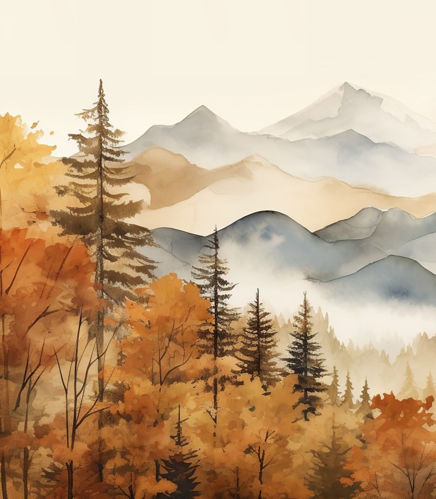 Seasonal, Fall Watercolor Forest Mountain