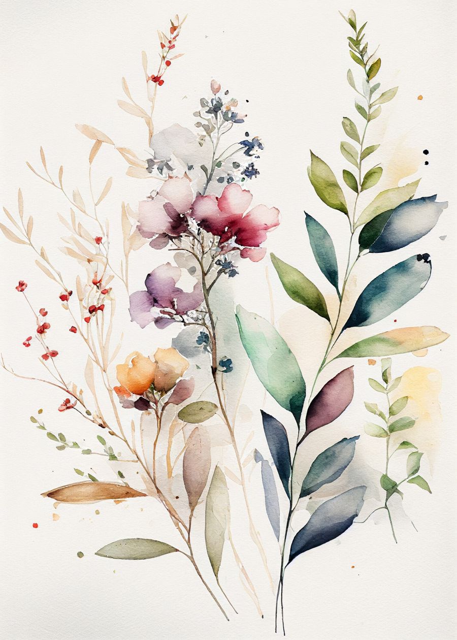 Flowers, Floral Minimalist Watercolor Botanical