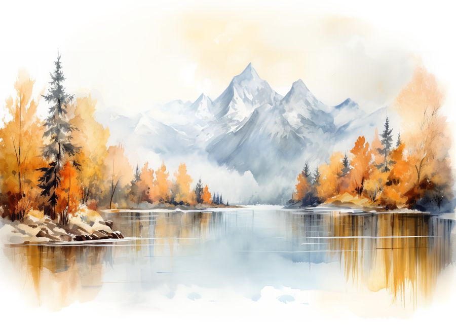 Seasonal, Forest Lake Mountain Fall Watercolor