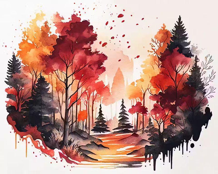 Seasonal, Forest Landscape Watercolor Autumn