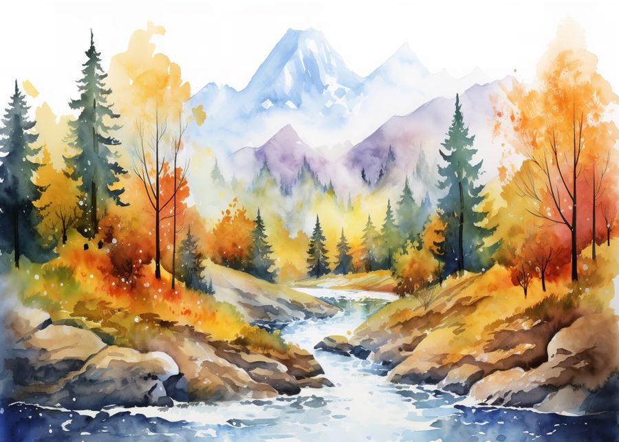 Seasonal, Forest River Mountain Fall Watercolor