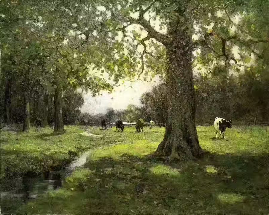 Countryside, Grazing Cows Rustic Meadow Antique