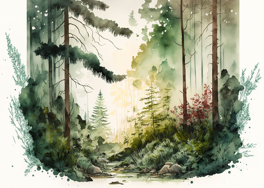 Forests, Green Forest Trees River Watercolor