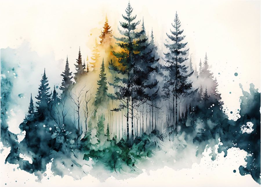 Seasonal, Green Forest Trees Winter Watercolor