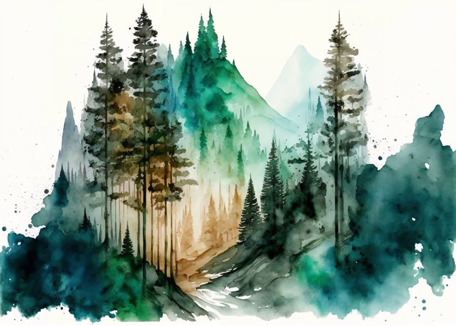 Forests, Green Mountain Forest Trees Watercolor