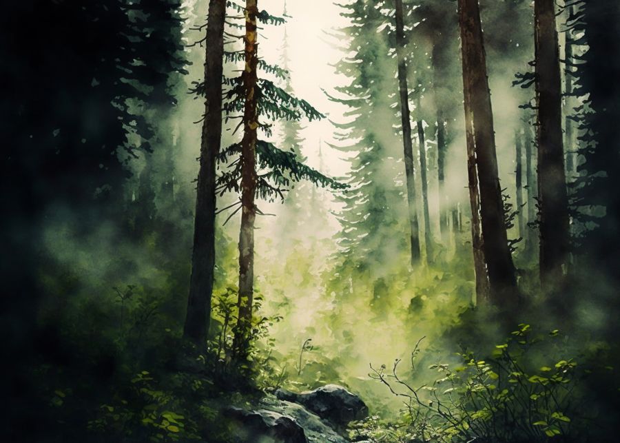 Forests, Green Watercolor Dense Forest Landscape