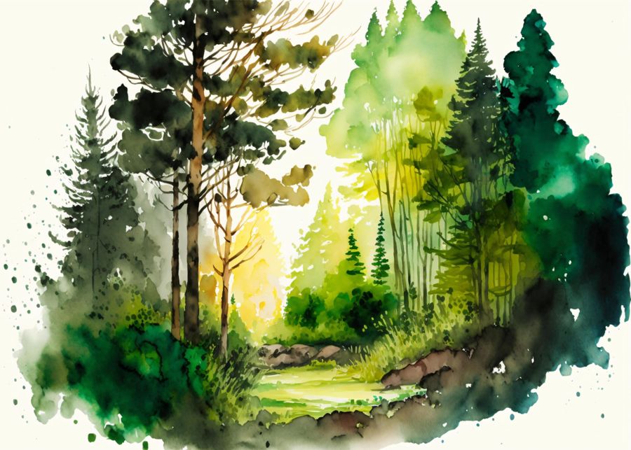 Forests, Green Watercolor Forest Landscape