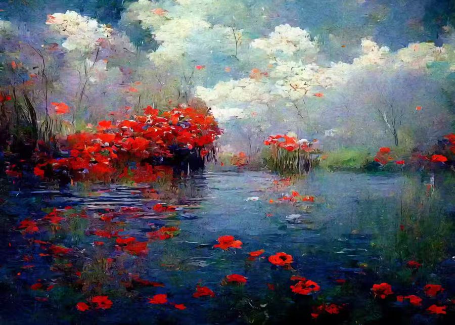 Flowers, Monet Flowers River Clouds Inspired