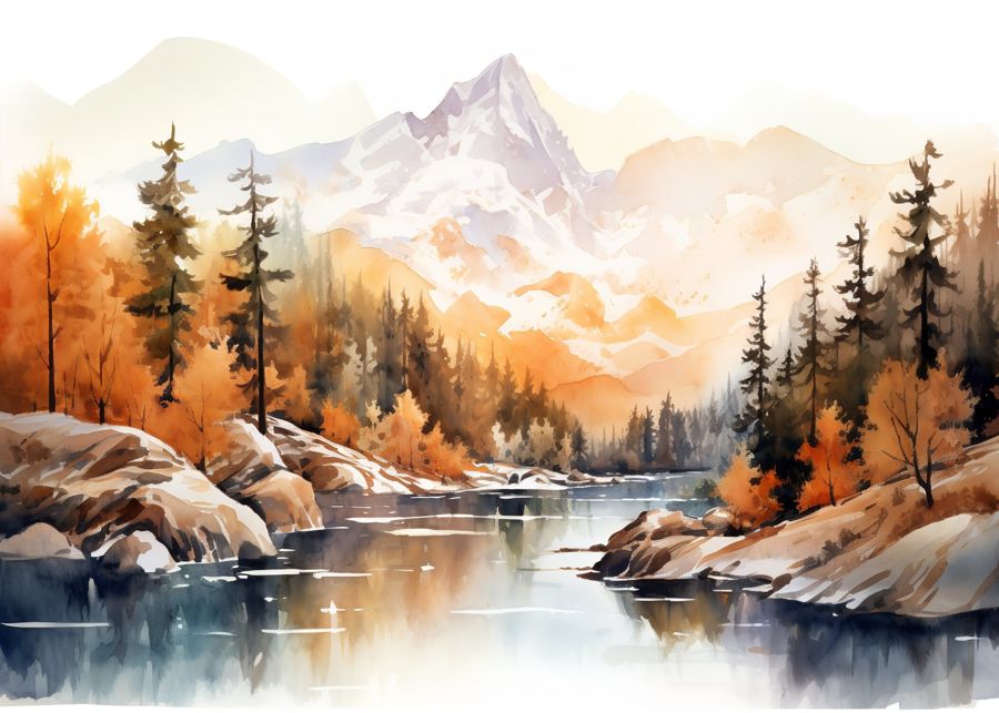 Seasonal, Mountain Forest River Fall Watercolor