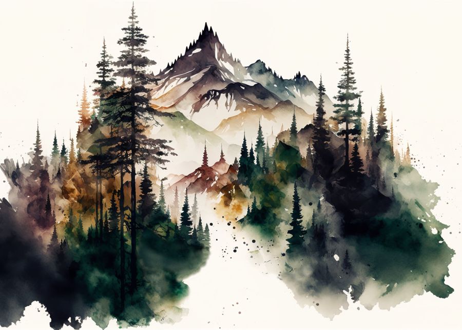 Forests, Mountain Landscape Forest Watercolor