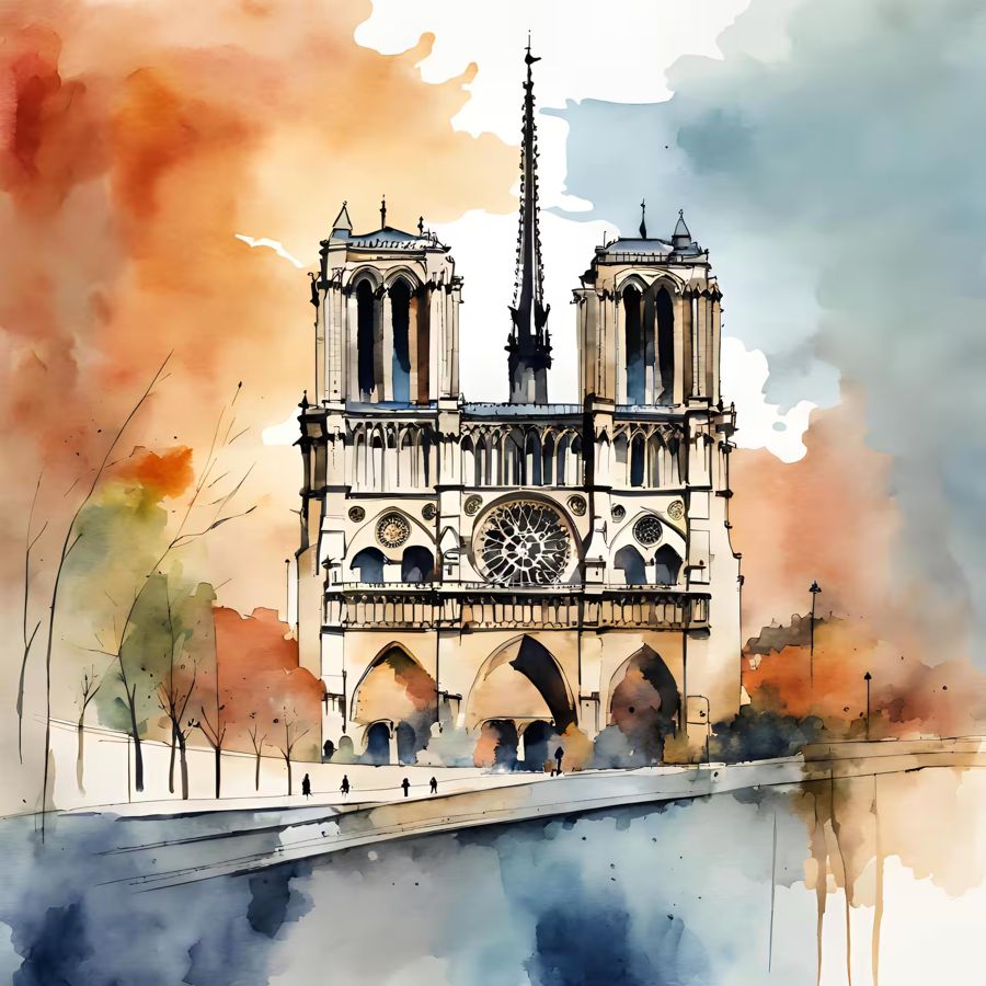 , Paris Notre Dame Watercolor Decor