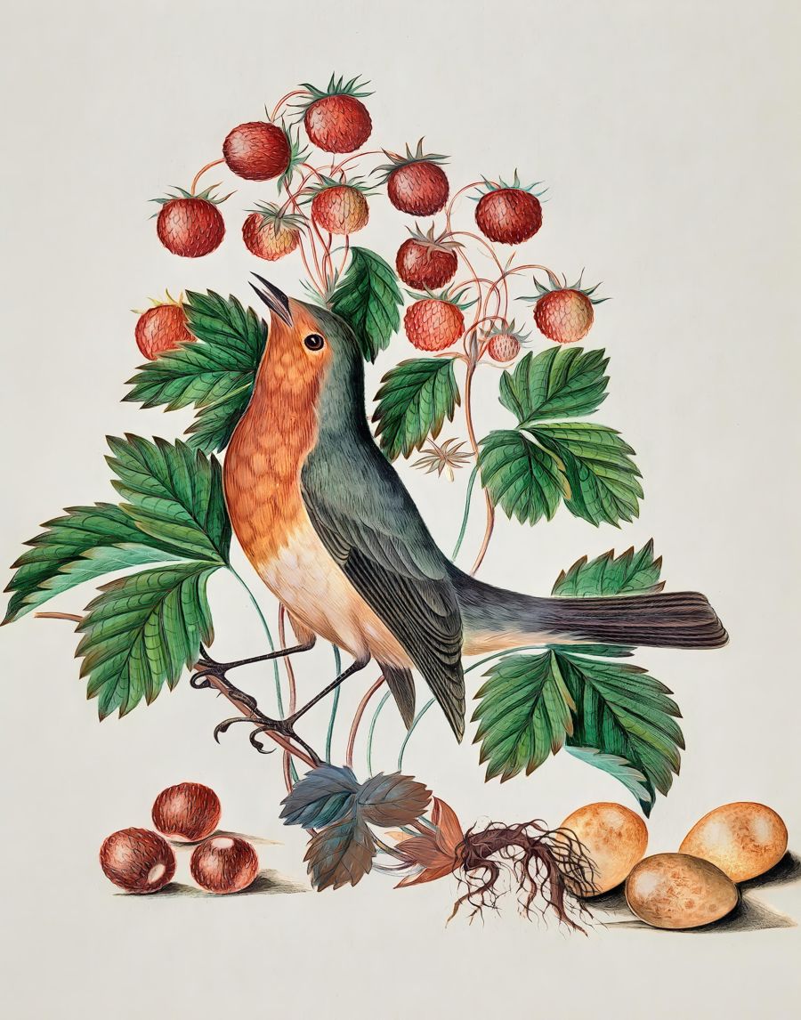 Flowers, Robin Wild Strawberry Botanical Bird