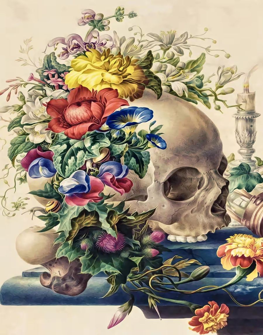 Flowers, Skull Colorful Flowers Floral