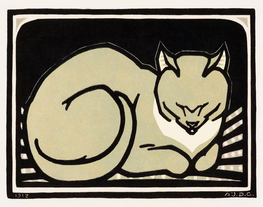 , Sleeping Cat Nouveau Cat Retro