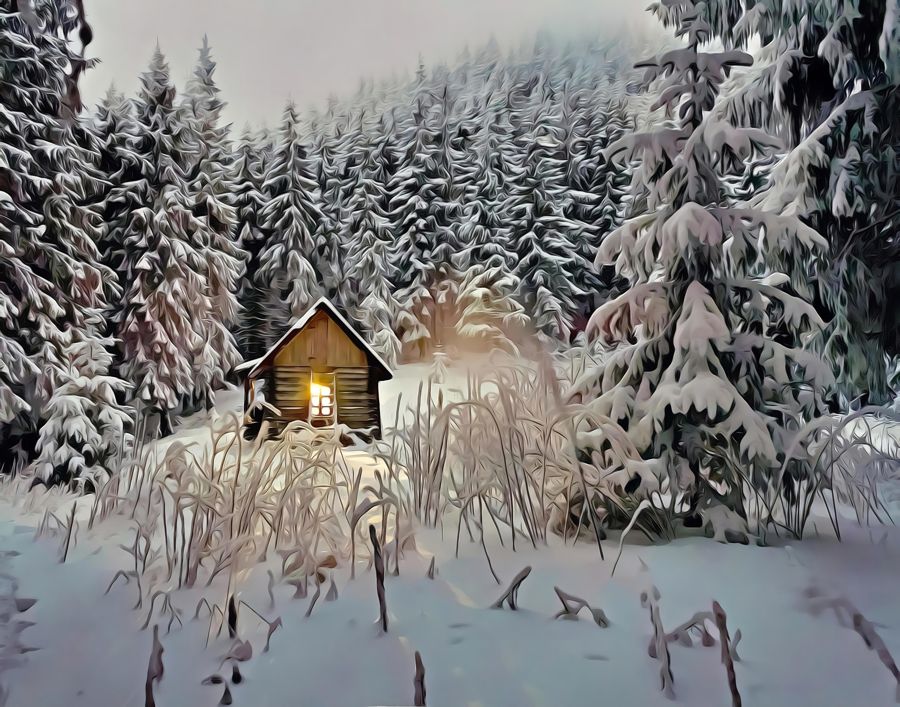 Seasonal, Small Cabin Snow Winter Landscape