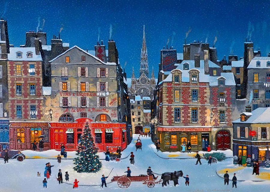 Snowy Christmas City View Antique