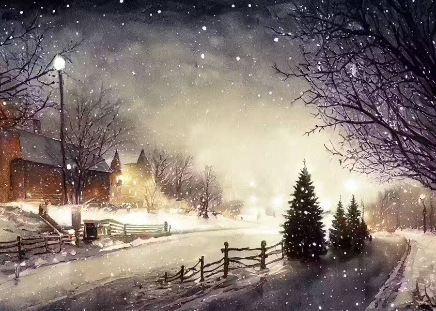 Seasonal, Snowy Sunset Rustic Country Winter