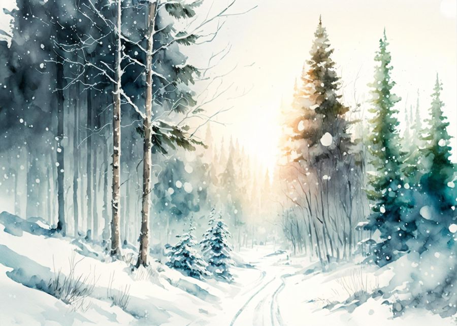Seasonal, Snowy Winter Forest Watercolor
