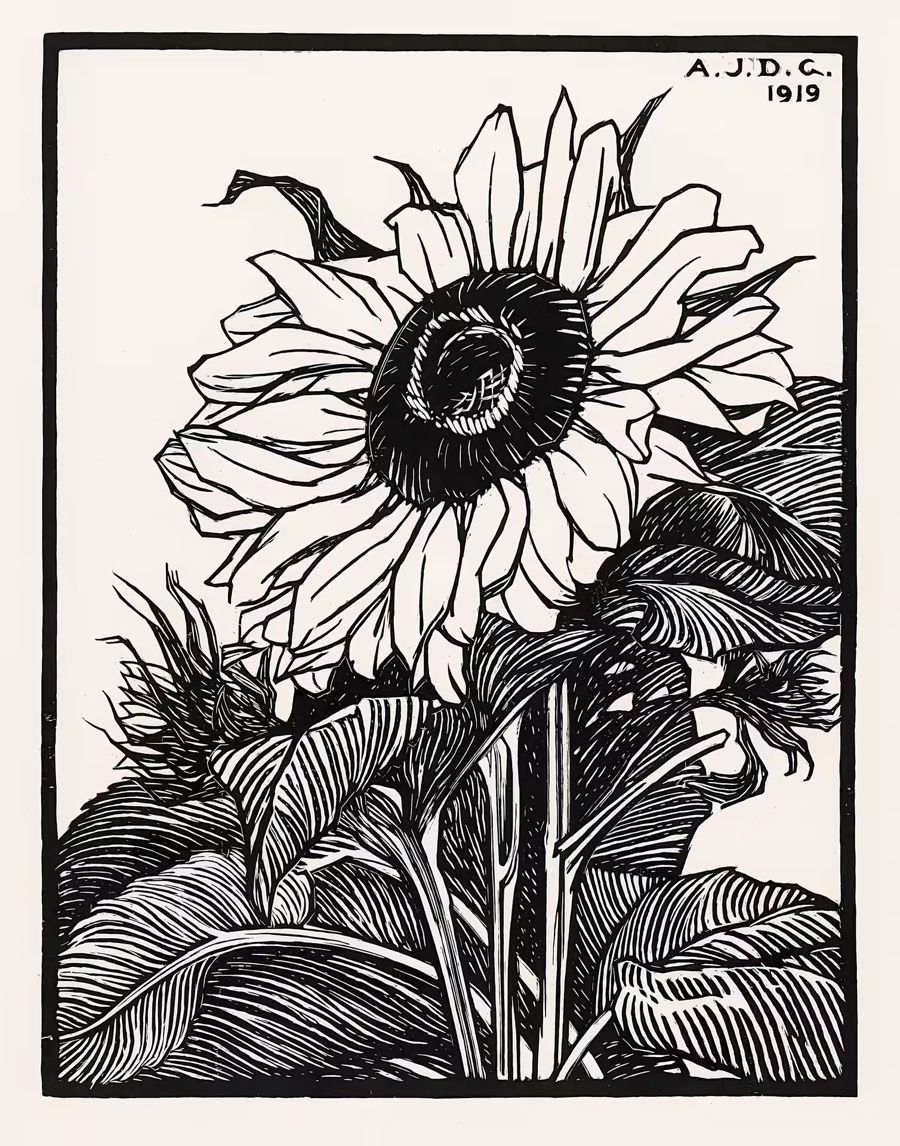 Flowers, Sunflower Nouveau Floral Black White
