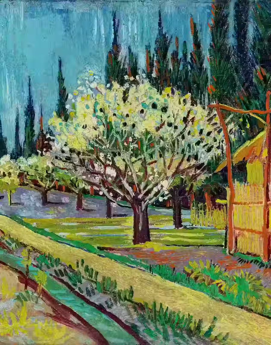 Vincent van Gogh, Vincent van Gogh Orchard Bordered by Cypresses