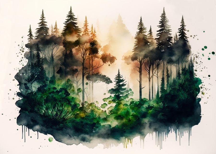 Forests, Watercolor Abstract Forest Landscape