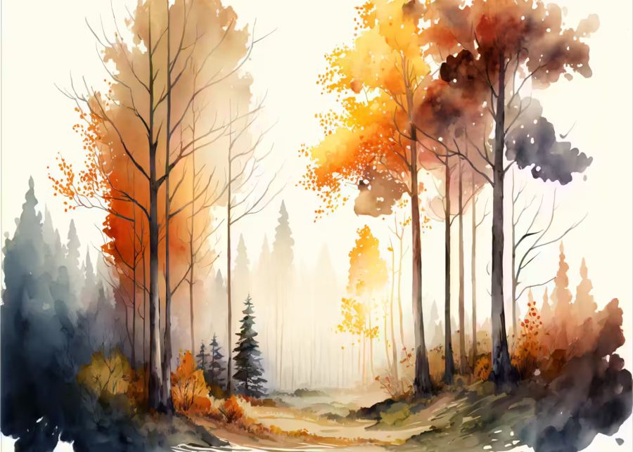 Seasonal, Watercolor Autumn Forest Trees Forest