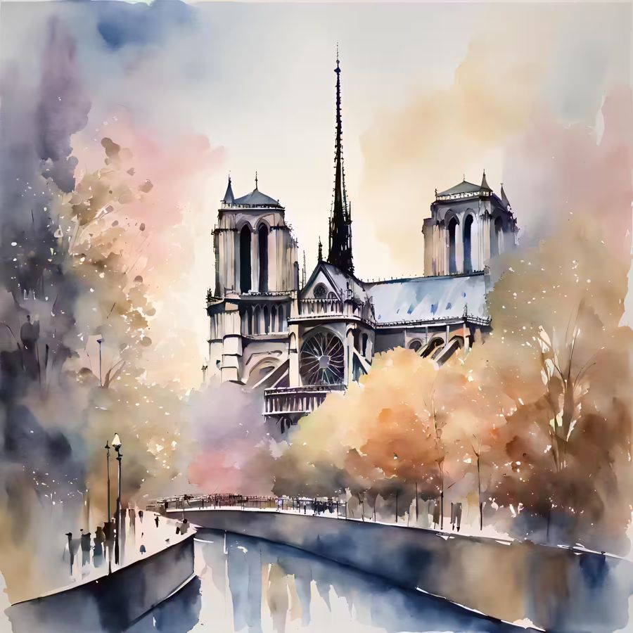 , Watercolor Cityscape I Notre Dame