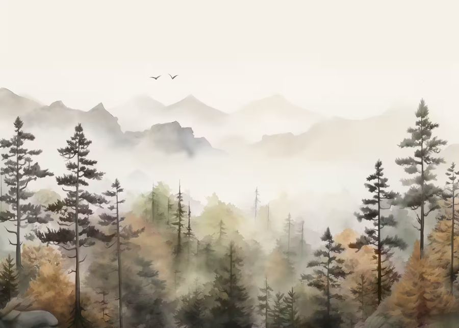 Seasonal, Watercolor Forest Landscape Fall Autumn