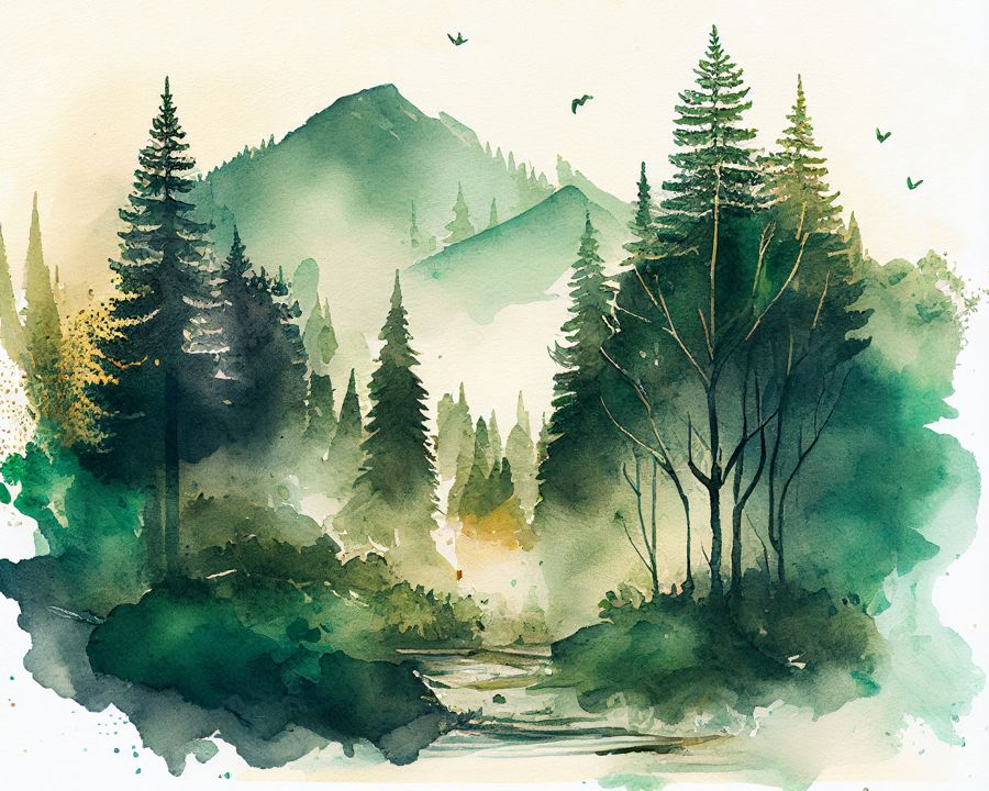 Forests, Watercolor Forest Mountain Landscape
