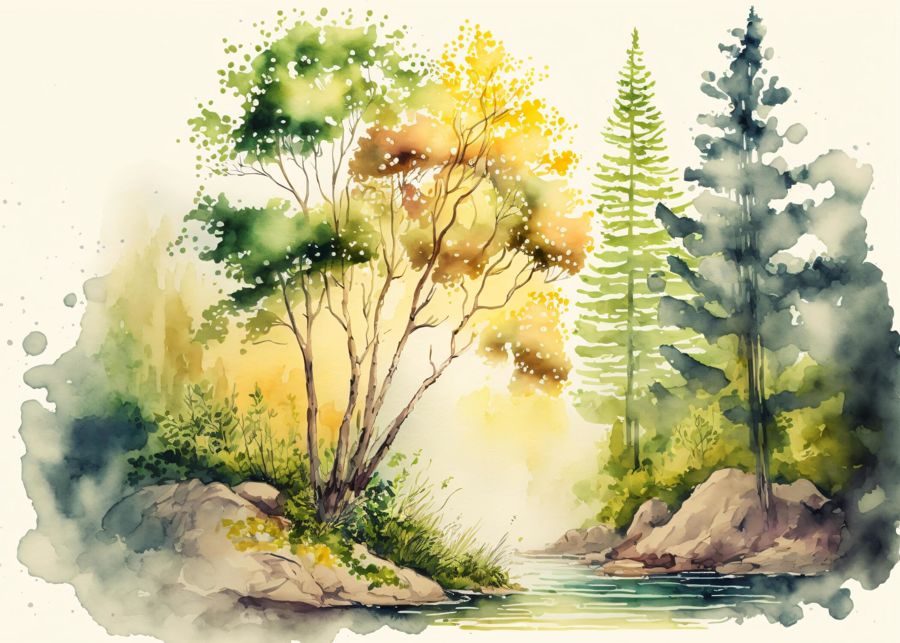 Forests, Watercolor Forest River Landscape