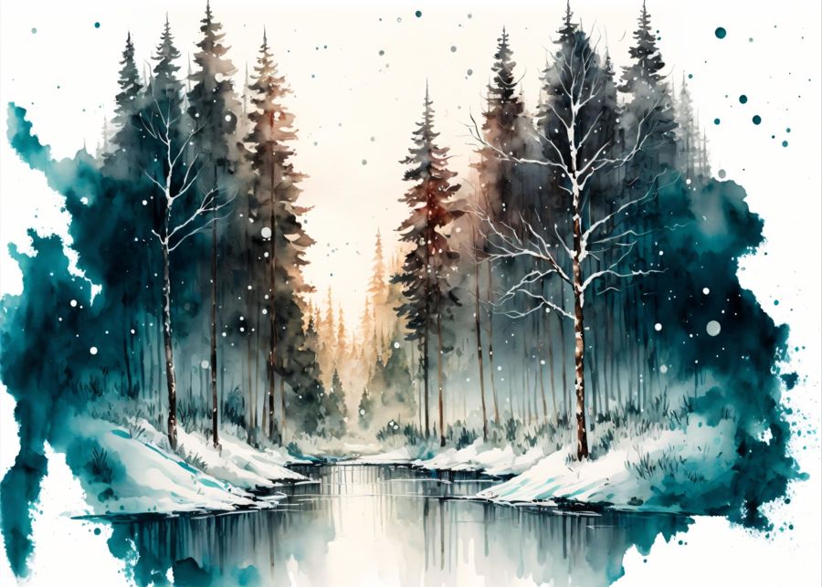 Seasonal, Watercolor Winter Forest River